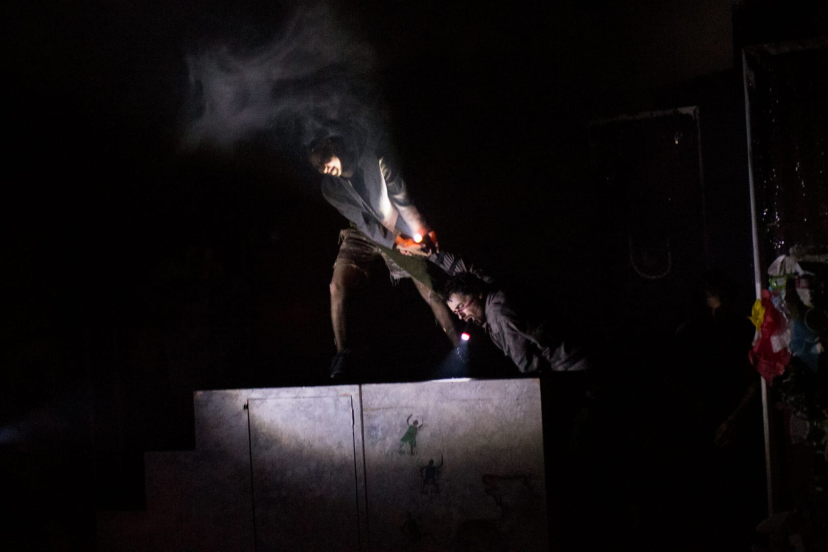 THE OUTLIERS: CAMPFIRE STORIES OF THE FUTURE September 16 - 18, 2017 World Peace Theatre, Kawasaki  Featuring Andrew Woolner, Sasha Aronson, Erik Røger,, and Anisa Dar. Devised by Andrew Woolner, Sasha Aronson, Erik Røger,, and Lindsey Kuhn  Production design by Lindsey Kuhn Sound Design & Music by Chloe Kwok Sound operator and live guitar by Chris Autry  Lights designed by Jeremy Plant Lights operated by Manami Nishida  Stage Crew Paula Tabarez Jiri Terpstra