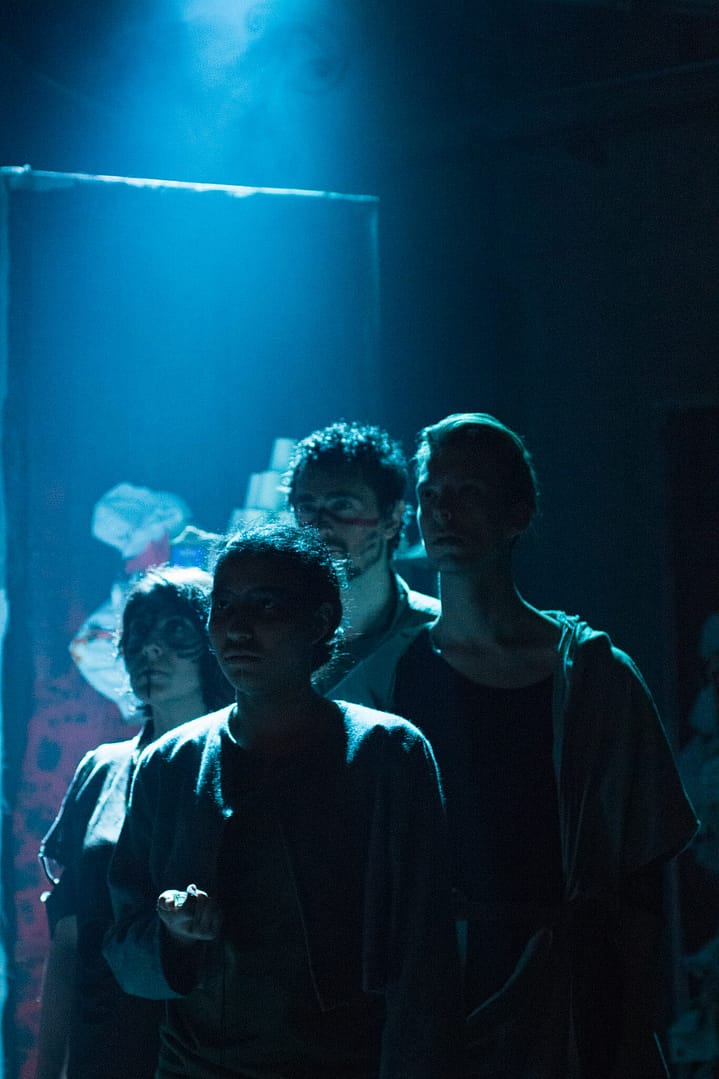 THE OUTLIERS: CAMPFIRE STORIES OF THE FUTURE September 16 - 18, 2017 World Peace Theatre, Kawasaki  Featuring Andrew Woolner, Sasha Aronson, Erik Røger,, and Anisa Dar. Devised by Andrew Woolner, Sasha Aronson, Erik Røger,, and Lindsey Kuhn  Production design by Lindsey Kuhn Sound Design & Music by Chloe Kwok Sound operator and live guitar by Chris Autry  Lights designed by Jeremy Plant Lights operated by Manami Nishida  Stage Crew Paula Tabarez Jiri Terpstra